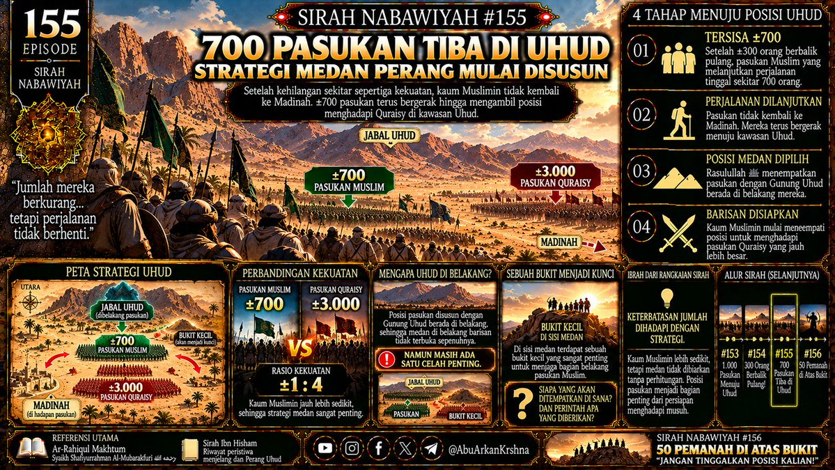 krshnasulanjana's tweet photo. 🕌 SIRAH #155

±300 telah berbalik pulang.
Namun ±700 pasukan Muslim tetap maju menuju Uhud menghadapi ±3.000 Quraisy

⛰️ Posisi pasukan mulai disusun.
Lalu sebuah bukit kecil menjadi sangat penting…

🏹 Siapa yg menjaganya?

➡️ #156 — 50 PEMANAH

#SirahNabawiyah #AbuArkanKrshna https://t.co/mjI5HDPVmR