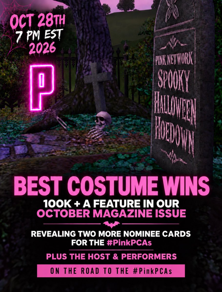 PinkNetwrk's tweet photo. 💒 - SPOOKY SZN IS HERE! 🎃💗 Pink Network’s Halloween Hoedown is Oct. 28 at 7PM EST!

Best costume wins 100K + an October magazine feature! 👻 Two more #PinkPCAs nominee cards, host &amp; performers revealed!

On the road to the PCAs! RT + SHARE &amp; use #PinkPCAs 🕸️ https://t.co/gCRj5y3B1v