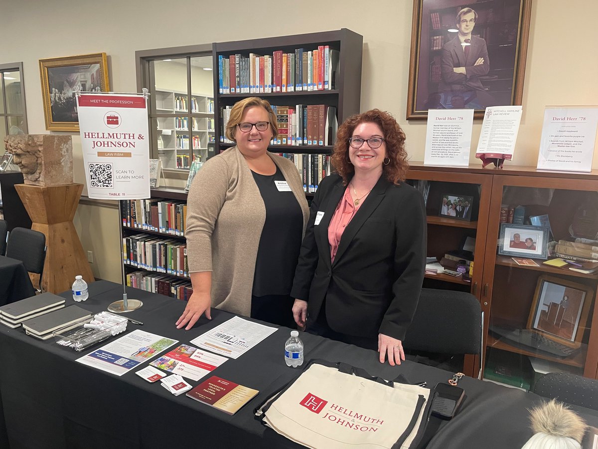 HellmuthJohnson's tweet photo. H&amp;J attorneys Kristine Spiegelberg Nelson and Mary Ellen Reihsen recently participated in Mitchell Hamline School of Law’s Meet the Profession, connecting with students and sharing insights into careers in the legal profession. https://t.co/Fmp6CEr8dA