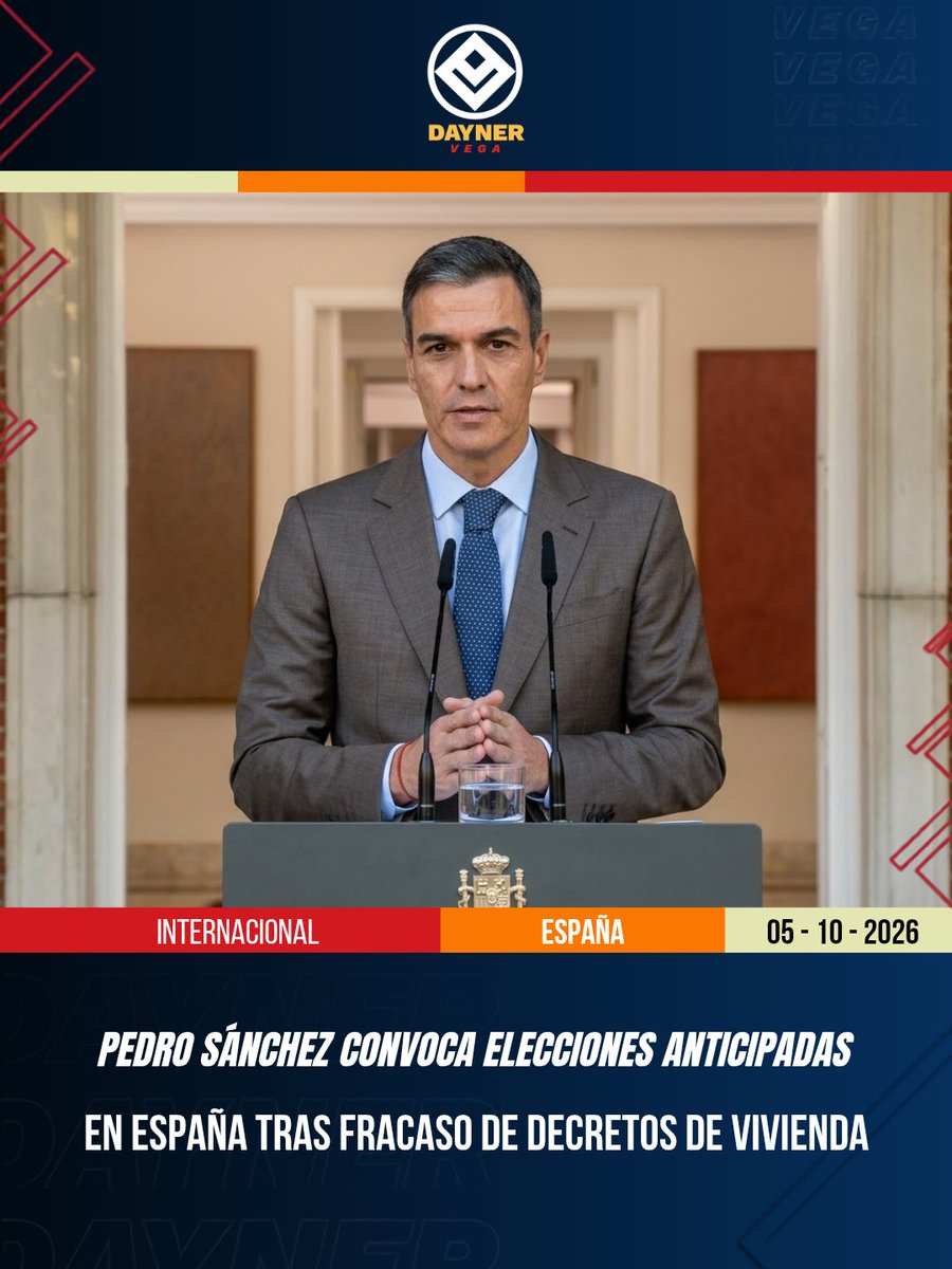 daynervegaofi's tweet photo. El presidente del gobierno español, Pedro Sánchez, anunció oficialmente el adelanto de las elecciones generales para el próximo 29 de noviembre, tras sufrir un duro revés legislativo en el Congreso.

​#españa #pedrosanchez #eleccionesespaña #noticiasespaña #ultimahora https://t.co/HspPVINjcF