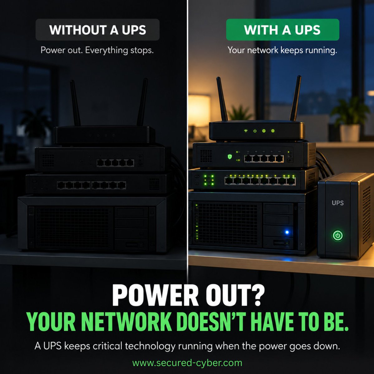 SecuredCyberVA's tweet photo. A short power outage can take down your router, firewall, switches, and server.
A UPS provides temporary battery power to keep critical equipment running or allow servers to shut down safely.
But UPS batteries wear out. When was yours last tested?
#BusinessIT #ITSupport https://t.co/B2yCbLER9f