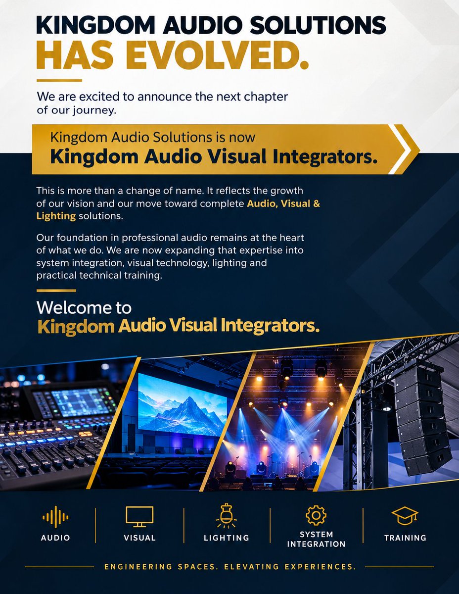 KingdomAudioZW's tweet photo. WE HAVE GROWN

What started as Kingdom Audio Solutions has grown into something bigger.

We are now
KINGDOM AUDIO VISUAL INTEGRATORS.

Still rooted in professional audio.
Now expanding into Integration, Visuals &amp; Lighting.

Same passion. New chapter.

#KingdomAVI #KingdomAudio https://t.co/JX1MMYz0WL