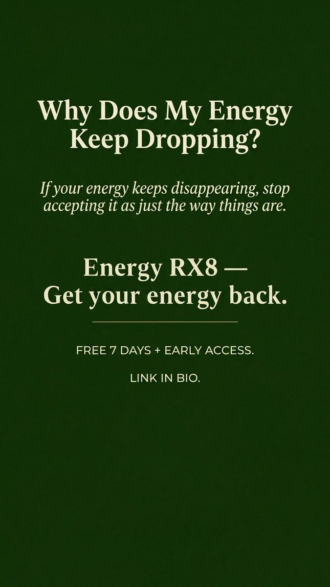 roxiroxi1846700's tweet photo. Why Does My Energy Keep Dropping?
If your energy keeps disappearing, stop accepting it as just the way things are.
Energy RX8 — Get your energy back. Free 7 days + early access. Link in bio.
#EnergyDrops #LowEnergy #EnergyLevels #TiredAllTheTime #EnergyRX8 https://t.co/EvPpFMD6D0