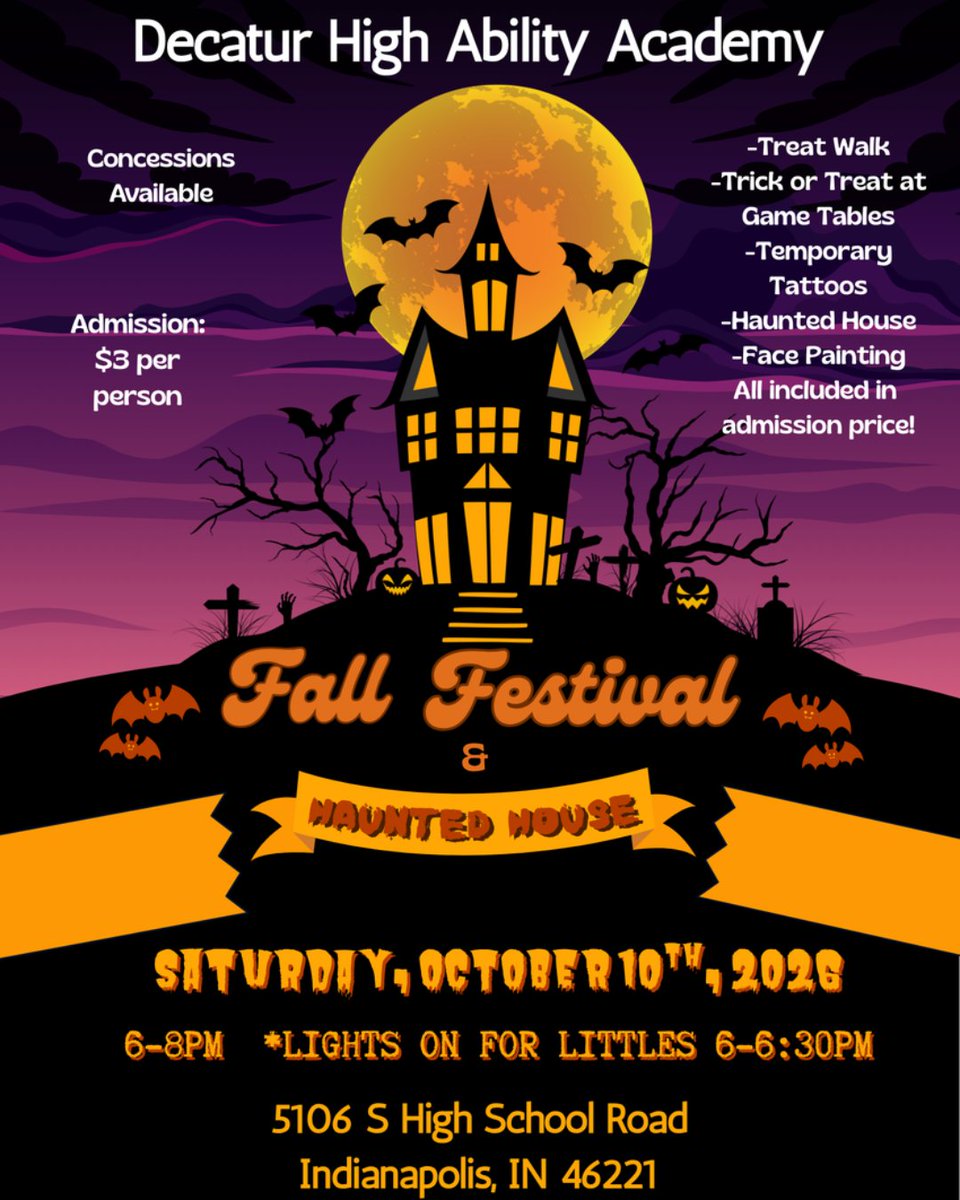 MSDDecatur's tweet photo. The Decatur High Ability Academy Fall Festival and Haunted House is this Saturday, October 10th! Stop by for a haunting good time!

📅 Saturday, October 10
⏰️ 6-8 PM 
📍 5106 S. High School Rd.
💲3.00/person

#DecaturProud https://t.co/JCQLoOxV0G
