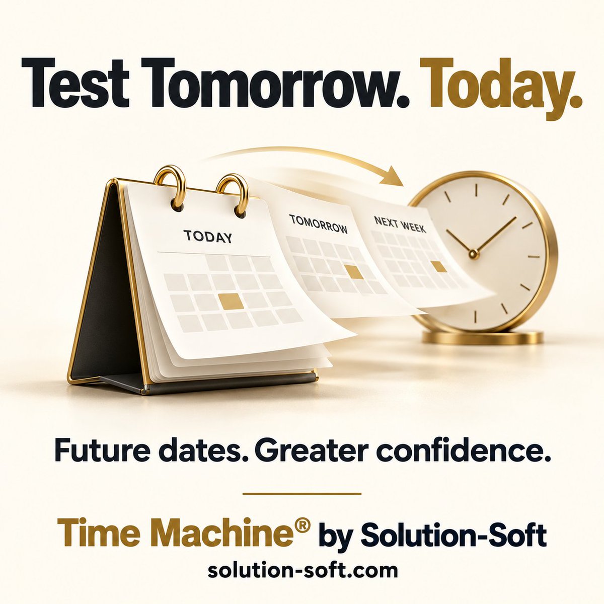 SolutionSoftTM's tweet photo. New week. Look ahead. 📅
Month-end processing? Year-end rollover? Policy expiration?
Test future-date scenarios today with Time Machine® by Solution-Soft.
https://t.co/G9Koxfq0AR
#SoftwareTesting #TimeTravelTesting https://t.co/nJi126UFVi