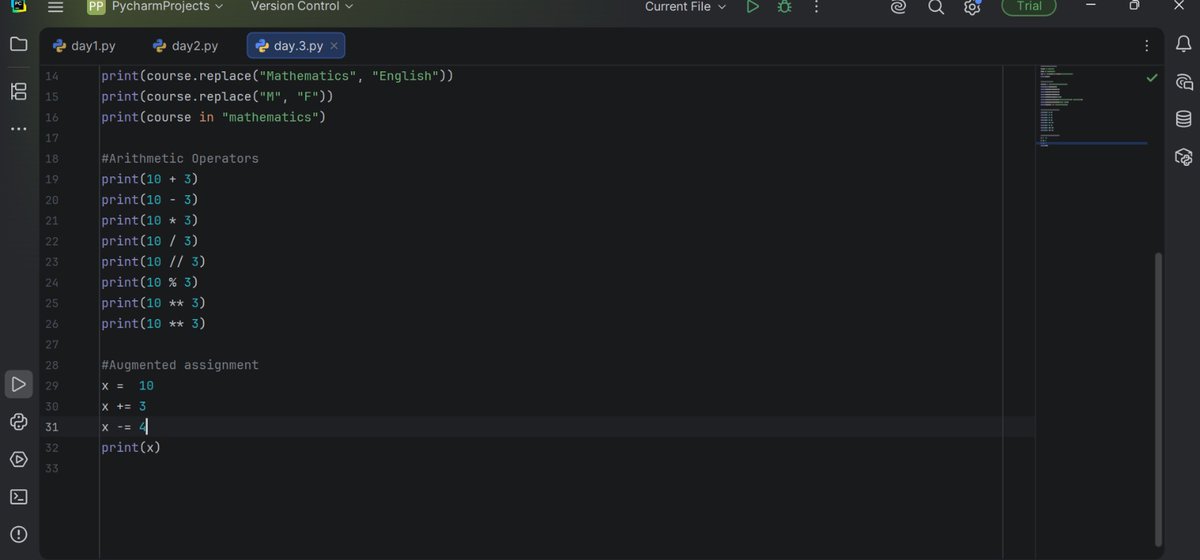 trukfittfly's tweet photo. Today I learned and practiced,
Formatted strings, String methods,
Arithmetic operators and Augmented assignment .
Another solid day of learning Python.
Day 3 complete.
#Python #PythonForBeginners #100DaysOfCode #CodingJourney #LearningPython https://t.co/6EB2NJAtue