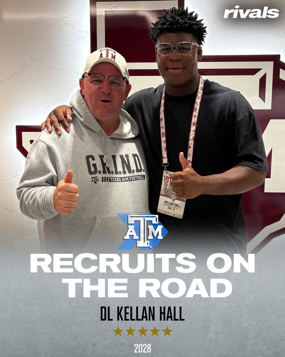 Rivals's tweet photo. NEW: No. 2 overall prospect in the 2028 class Kellan Hall on his visit to Texas A&amp;M👍

"It lived up to what I’ve heard about and the history of the 12th Man," he tells @SWiltfong_. 

Read: https://t.co/CIfFWul4jd https://t.co/Be7ZrcoPuq
