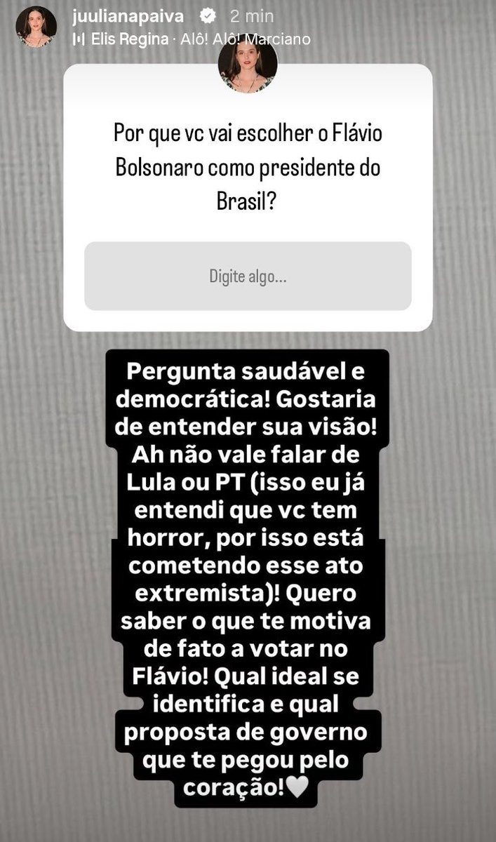 poptime's tweet photo. A atriz Juliana Paiva demonstrou apoio a Lula e criticou bolsonaristas em storys:

"Por que vc vai escolher o Flávio como presidente? não vale falar de lula ou pt (isso eu já entendi que vc tem horror). Antes de votar contra alguém, entenda no que você está votando a favor.” https://t.co/pkOJpccUxX