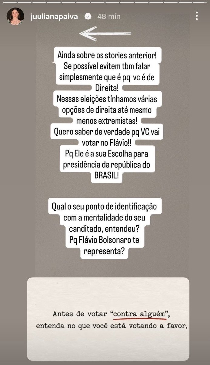 poptime's tweet photo. A atriz Juliana Paiva demonstrou apoio a Lula e criticou bolsonaristas em storys:

"Por que vc vai escolher o Flávio como presidente? não vale falar de lula ou pt (isso eu já entendi que vc tem horror). Antes de votar contra alguém, entenda no que você está votando a favor.” https://t.co/pkOJpccUxX