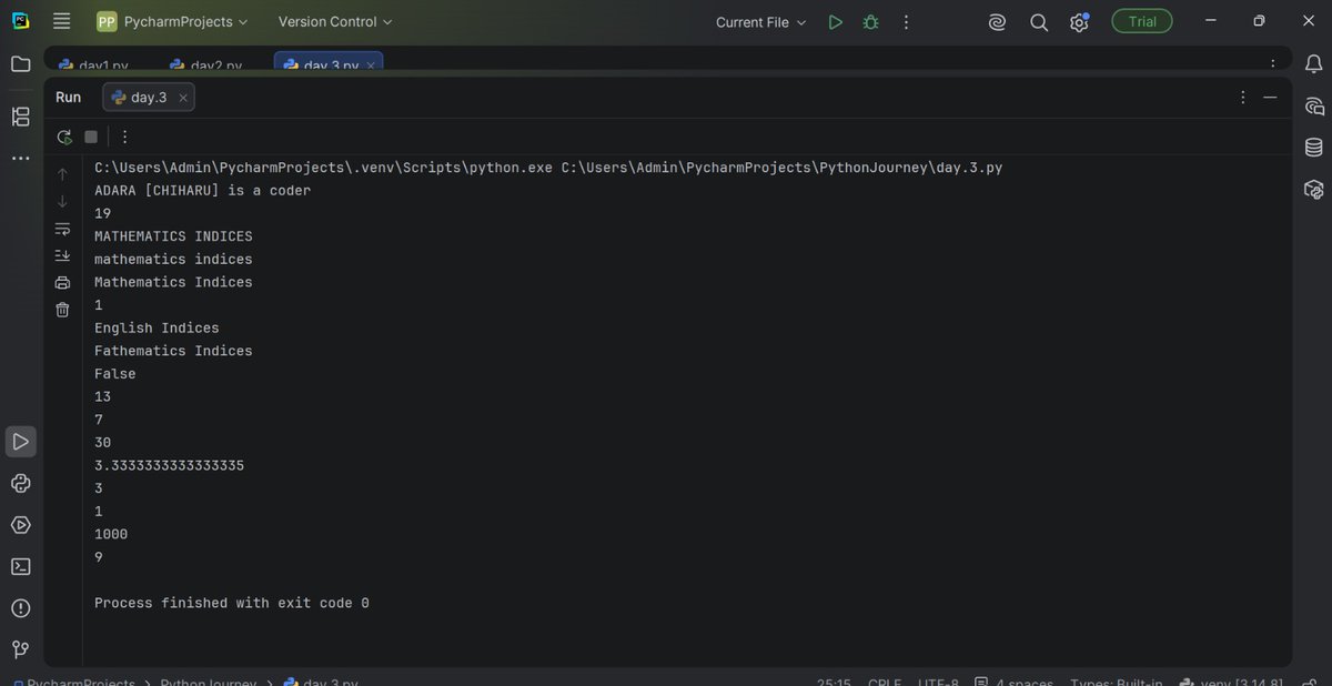 trukfittfly's tweet photo. Today I learned and practiced,
Formatted strings, String methods,
Arithmetic operators and Augmented assignment .
Another solid day of learning Python.
Day 3 complete.
#Python #PythonForBeginners #100DaysOfCode #CodingJourney #LearningPython https://t.co/6EB2NJAtue