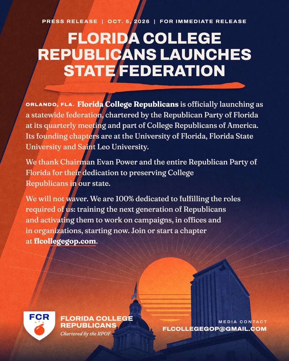 flcollegegop's tweet photo. Florida College Republicans is officially launching as a statewide federation, chartered by @FloridaGOP and part of @uscollegegop.

Founding chapters: @UFCR, @FSUGOP and Saint Leo University GOP. https://t.co/U312TU0vH0