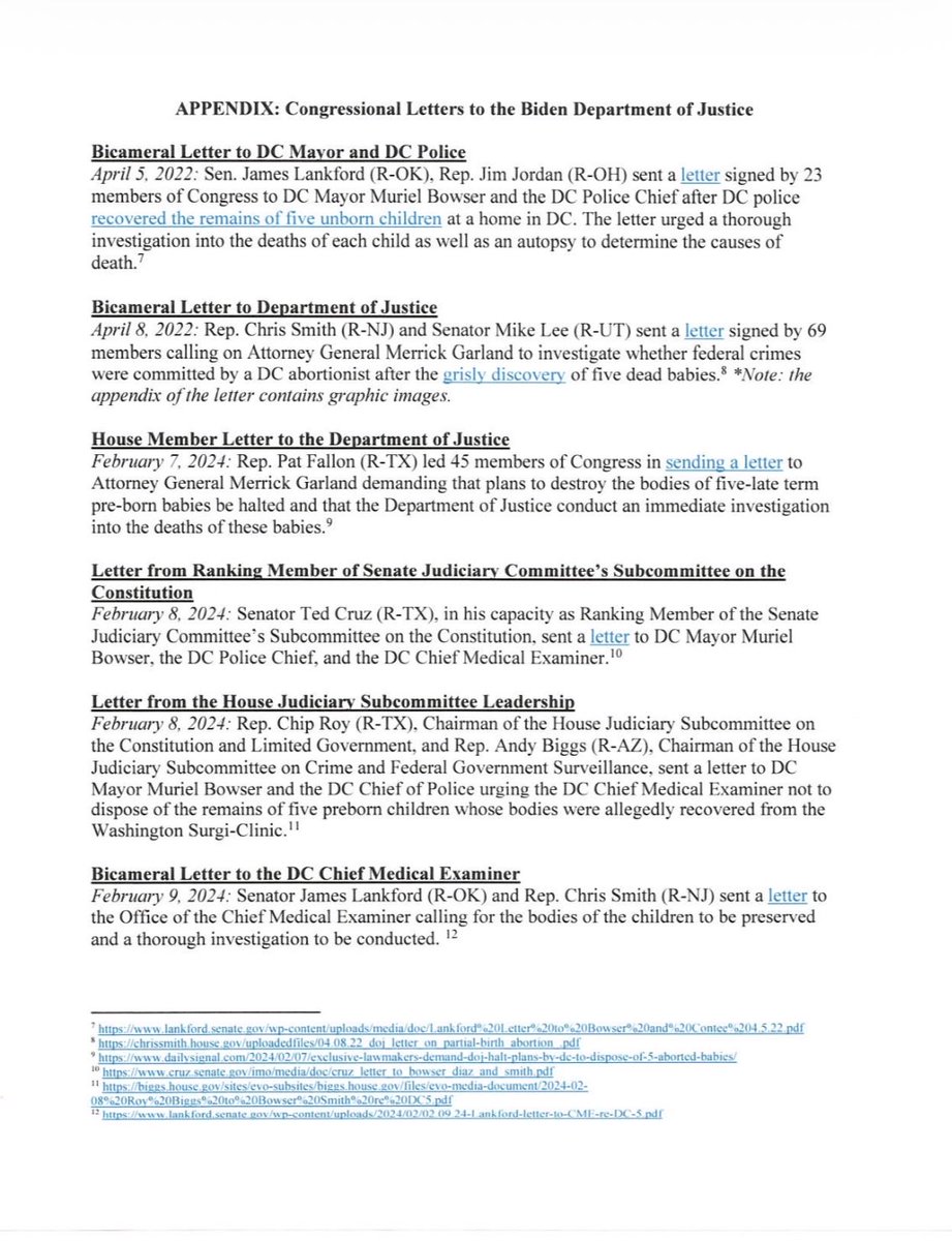 A screenshot of a document page listing several congressional letters related to investigations into the remains of fetuses found in Washington, DC. It has bold section headings, paragraphs with dates and descriptions, blue underlined hyperlinks, and footnotes with web addresses.