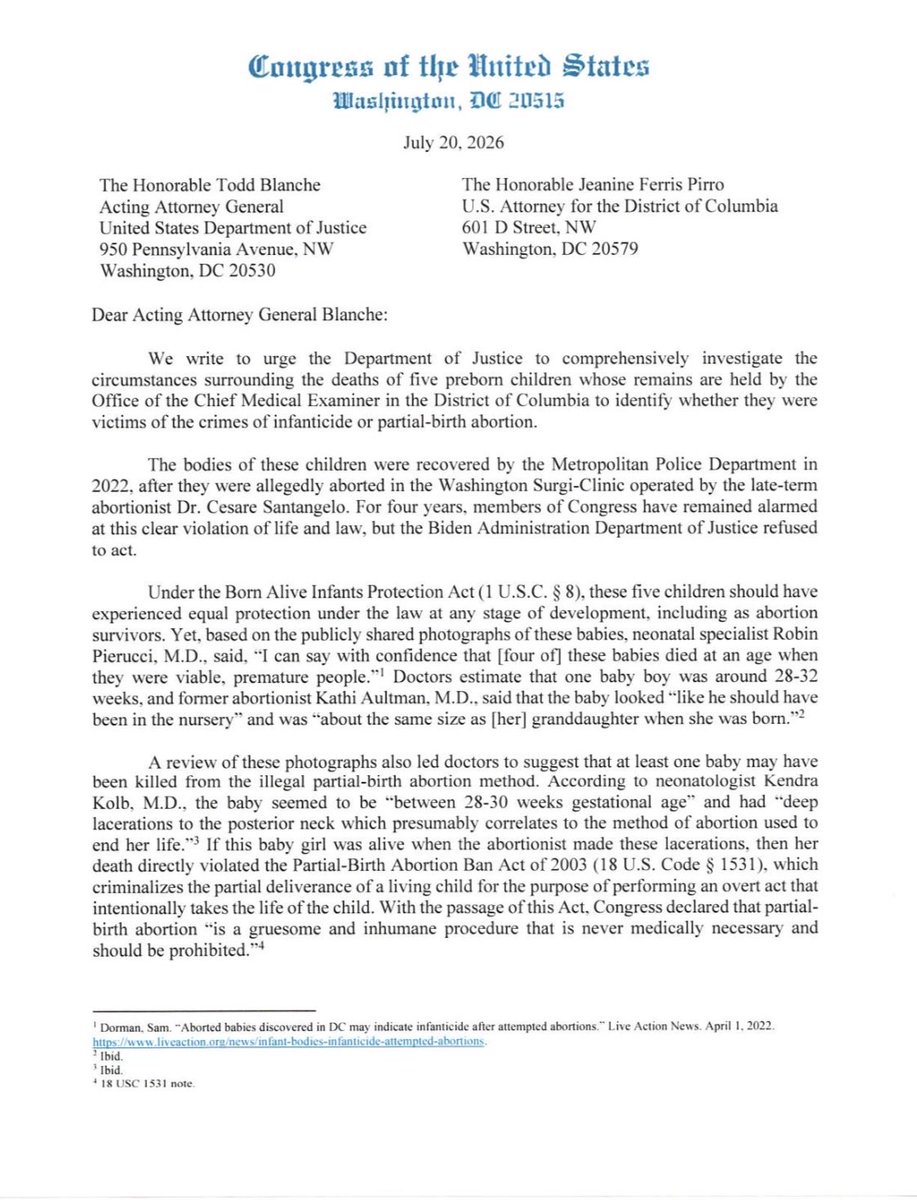 A formal letter on U.S. Congress letterhead, dated July 20, 2026, addressed to federal justice officials. The letter discusses an investigation into the deaths of five infants and cites related laws and medical opinions. A short section of footnotes and a web link appears at the bottom. No signatures are visible.