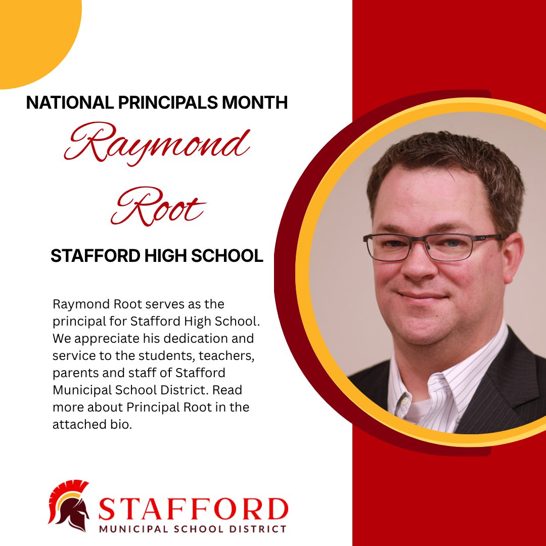 StaffordMSD's tweet photo. Join us throughout October as we celebrate National Principals Month and the dedicated leaders who make a difference in the lives of our students, staff and families. 📷📷

All month long, we’ll be highlighting the stories and journeys of our Stafford MSD principals. Today, we’re proud to spotlight Mr. Raymond Root, Principal of Stafford High School. ❤️💛

A Stafford native and proud Stafford High School alumnus, Mr. Root graduated from SHS in 1998. He earned his bachelor’s degree in Government from The University of Texas at Austin and his master’s degree in Education Administration from Lamar University.

As a school leader, Mr. Root believes that building positive relationships and delivering quality instruction are key to preparing students for success both in high school and beyond.

When he’s not at school, Mr. Root enjoys spending time with his family and attending sporting events — especially Texas Longhorn football games! 🤘

#NationalPrincipalsMonth #StaffordMSD #StaffordSpartans #PrincipalSpotlight