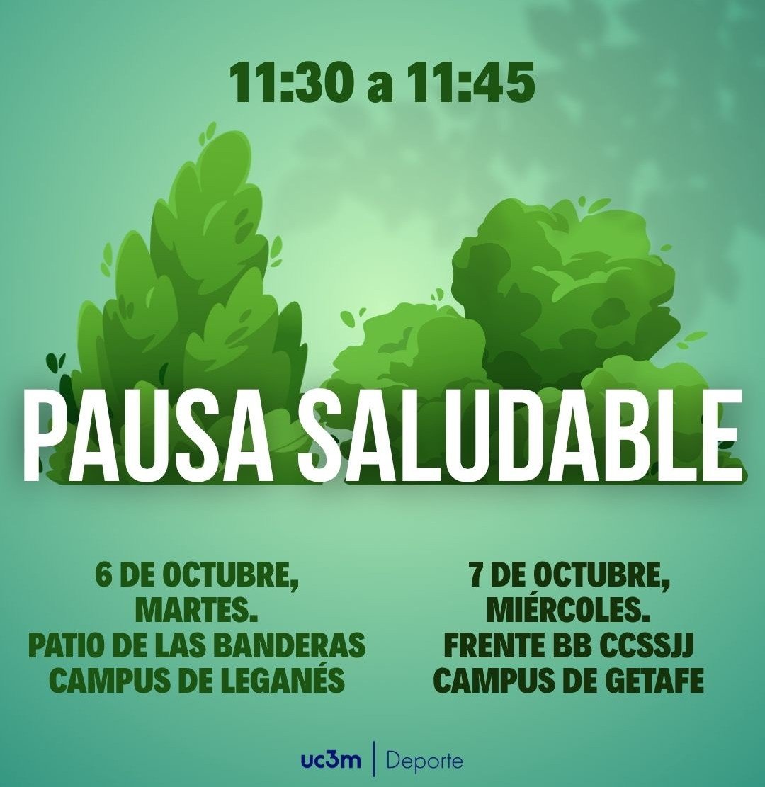 DAP_uc3m's tweet photo. ¡Tómate un respiro con la campaña Universidad saludable uc3m! 🌿 15 minutos para desconectar y recargar energía.
⏰ 11:30 a 11:45 h
📍 Leganés: Martes 6 oct | Patio de las Banderas
📍 Getafe: Miércoles 7 oct | Frente a BB CCSSJJ
¡Te esperamos!
#DeporteUC3M  #UniversidadSaludable https://t.co/n5zLWQfIvX