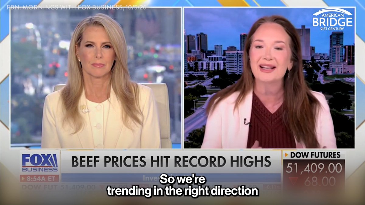 A split-screen Fox Business segment shows a blonde host interviewing Brooke Rollins (Secretary of Agriculture) on "Mornings with Fox Business" at 8:54 AM ET, with the chyron reading "BEEF PRICES HIT RECORD HIGHS," Dow Futures at 51,409.00, and American Bridge 21st Century branding in the corner. The subtitle "So we're trending in the right direction" highlights the disconnect between Rollins's claim that grocery prices are falling and the chyron's reality that beef prices are at record highs—directly illustrating the post's critique of the administration's unfulfilled promise to lower grocery costs.