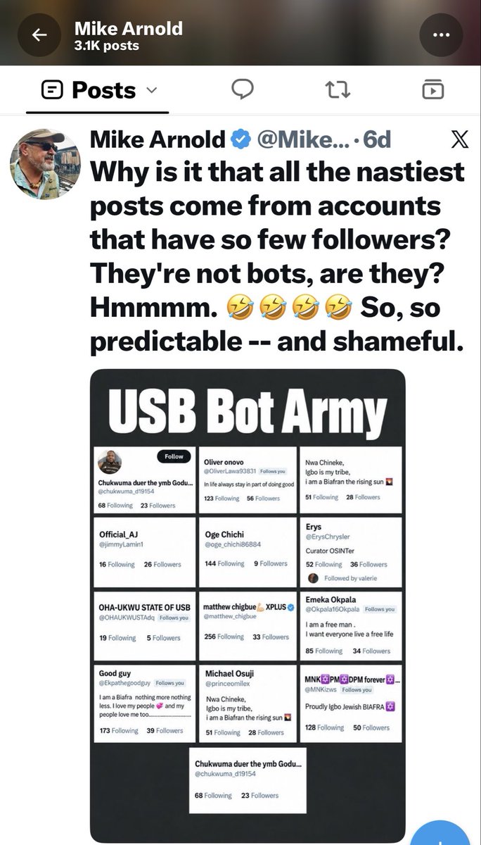 ngoziora's tweet photo. Press release: 10/5/2026

Mike Arnold @MikeArnoldTruth, I ll personally take up these threats you unleashed to innocent Biafrans on social media if you do not stop.

Maybe it’s time to show the FBI how much you received for the non profit you ran  in Nigeria and who sponsors you 

Also how you suddenly turned  from  someone propagating to stop Christian genocide to one campaigning for Nigeria terrorist government  Tinubu election (attached).

I tell you to STOP. 

Leave Biafrans alone and ask questions where you are confused. Do not let Biafra Nigeria agents lead you to a wrong place.

The leadership of 80 million Biafrans lies with me Dr. Orabueze until our PM Simon Ekpa and our leader MNK is out. 

Work with Aloy Ejimakor  and the DSS/DOS to solve Nigerias problem. The program you are planning to attend for Oganiru Ndi Igbo are organized by the Nigeria delegitimized southeast governors and agents that kill and roast the bodies of innocent citizens to scare the new Christian nation citizens to submission

What do you know?

But 

Leave the Indigenous People of Biafra People - United States of Biafra citizens alone. 

Nigeria is currently, forcefully occupying a Sovereign Nation  - USB and must leave because they are killing our People 

I am open to  discussions for peaceful resolution 

Thanks

Dr. Ngozi Orabueze
DPM USB

@FBIDirectorKash @FBI @CIA @Interpol @INTERPOL_HQ @EricTrump @FLOTUS @realDonaldTrump @StateDept @cnni @CNN @BBCWorld @BBCBreaking @UN_HRC @UNHumanRights @AmnestyNigeria @amnesty @Huuhkajat @yleuutiset @alexstubb @officialABAT @washingtonpost @WalidPhares @jihadwatchRS @SenTedCruz @RepRileyMoore @HouseForeignGOP @SenateForeign @ARISEtv @MikeArnoldTruth @channelstv @MobilePunch