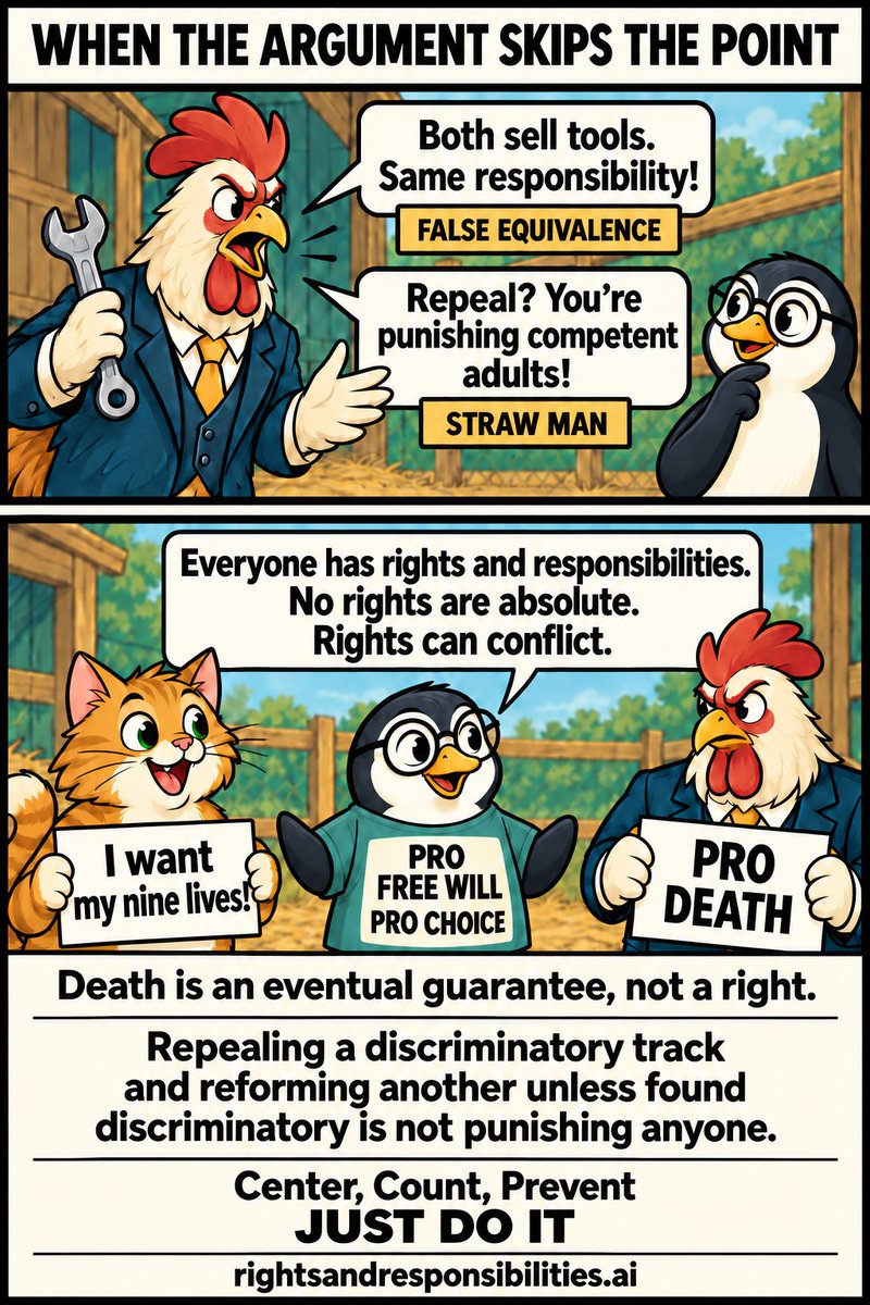 CrAPwematter's tweet photo. Two debate fallacies, responding to both arguments:

A false equivalence treats two things as equal while ignoring differences that matter.

“Both sell tools, so both have the same responsibility” ignores purpose, knowledge and duties.

A straw man distorts someone’s argument to make it easier to attack.

“You’re punishing competent adults” misrepresents many disabled people's position: repeal Track 2; reform Track 1 to uphold free will and equitable choice, or repeal it if that cannot be achieved. Those are distinct proposals, not a blanket argument against personal choice.

Calling someone competent does not establish the reliability of the assessment or freedom from coercion, discrimination, and deprivation. Disabled people who want to live and challenge the policy can be equally competent.

Both people’s rights count. Rights can conflict. Individual choice does not make a discriminatory framework equitable.

🐧 Center, Count, Prevent. JUST DO IT.
https://t.co/r5yf2Vt6Gt