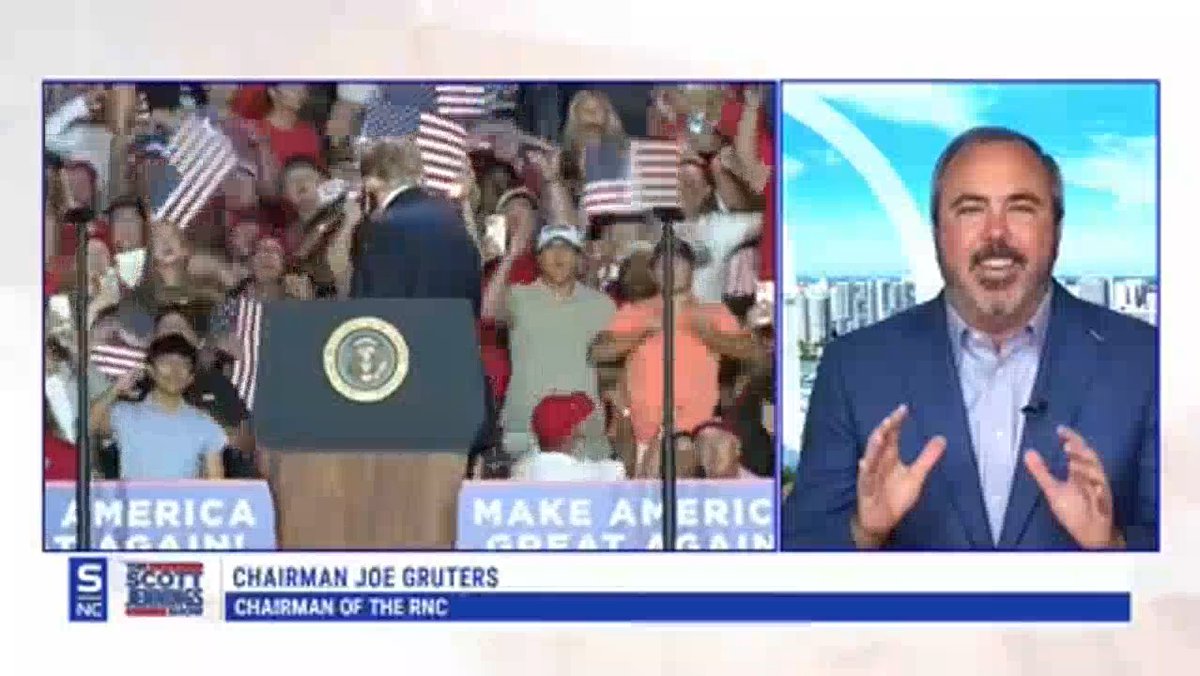 A split-screen Fox News broadcast shows Joe Gruters, identified by an on-screen graphic as "Chairman of the RNC," speaking in a studio with a city skyline backdrop on the right, while the left side displays footage of a Donald Trump rally with supporters waving American flags behind a podium and "Make America Great Again" signs, illustrating the context of his midterm election fundraising plea.