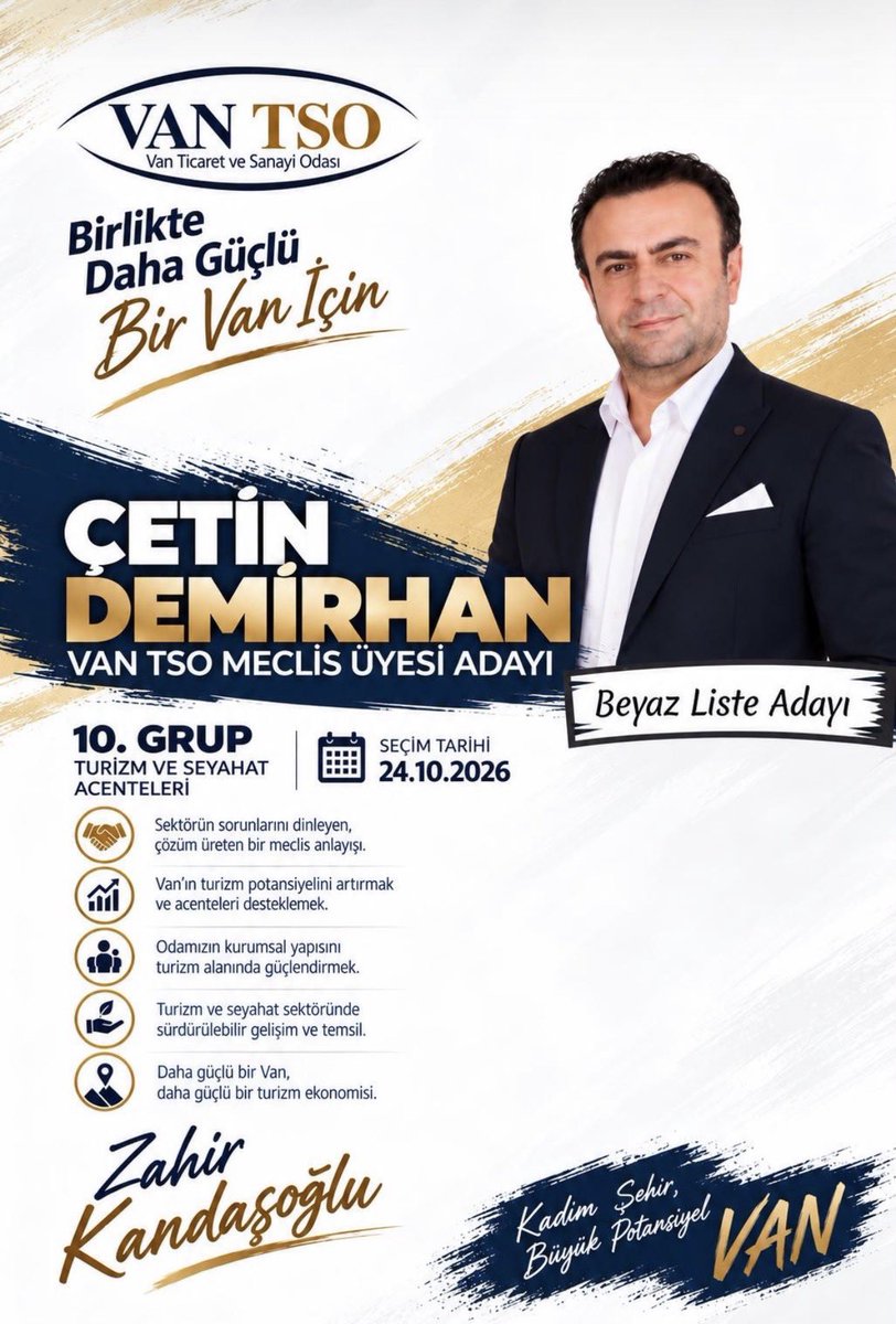 ozcn_byrm's tweet photo. Van TSO’da değişim; güçlü bir vizyon, sektörün sorunlarını bilen ve çözüm üretmeye kararlı isimlerle mümkün.

10. Grup Turizm ve Seyahat Acenteleri için değerli dostum Çetin Demirhan’ın, Zahir Kandaşoğlu’nun liderliğindeki Beyaz Liste ile yol yürümesini destekliyorum.

Daha güçlü bir Van, daha güçlü bir turizm ve daha güçlü bir Van TSO için; doğru isimlerin yanında olalım.
24 Ekim’de değişimin adresi Beyaz Liste.
@zahirkandas @bkandasoglu @cevdetzgke2