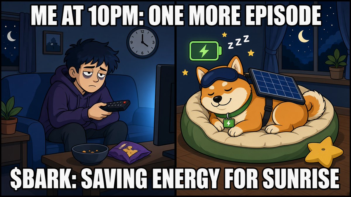 Barksolardog's tweet photo. One more episode? Nah. $BARK is already in sleep mode, charging up for sunrise 🌅🐶 #Solana #memecoin https://t.co/cSyXlFEFmV
