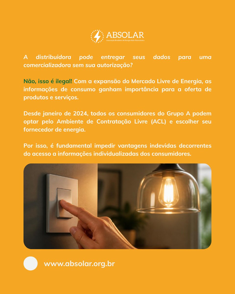 ABSOLAR_Brasil's tweet photo. Seus dados de energia estão realmente protegidos?

Com a abertura do Mercado Livre de Energia, o uso responsável das informações do consumidor ganha ainda mais importância. Dados não podem virar vantagem competitiva indevida.

Arraste para o lado, entenda seus direitos e compartilhe essa informação. ➡️

#ABSOLAR #MercadoLivreDeEnergia #OpenEnergy #ProtecaoDeDados #LGPD #SetorEletrico