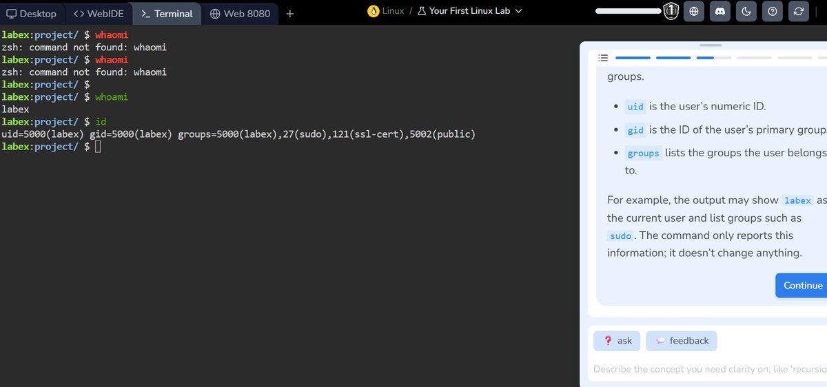 Emmjay212's tweet photo. Day 5 #70DaysCybersecurityChallenge
Switching from building what users see to understanding what happens underneath.
Today, I started getting more hands-on with Linuxπ§. whoami, id, users, groups and permissions.
I even typed whaomi twice before getting it right π https://t.co/3Dx2DtfkMb