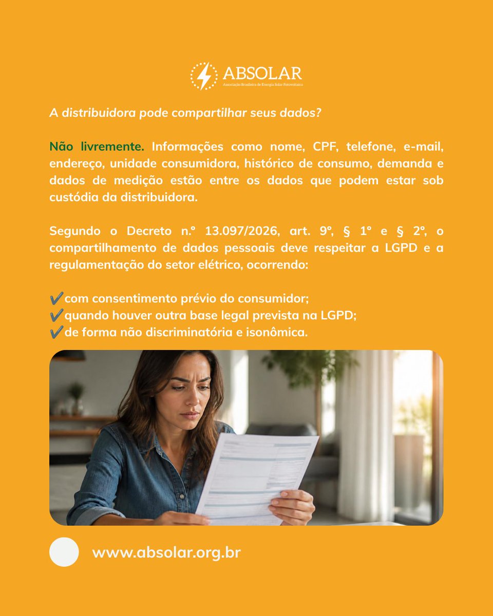 ABSOLAR_Brasil's tweet photo. Seus dados de energia estão realmente protegidos?

Com a abertura do Mercado Livre de Energia, o uso responsável das informações do consumidor ganha ainda mais importância. Dados não podem virar vantagem competitiva indevida.

Arraste para o lado, entenda seus direitos e compartilhe essa informação. ➡️

#ABSOLAR #MercadoLivreDeEnergia #OpenEnergy #ProtecaoDeDados #LGPD #SetorEletrico