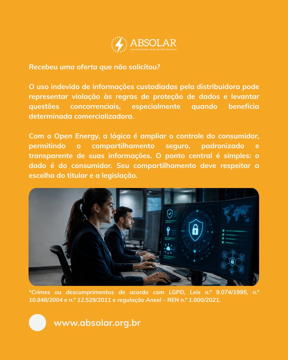 ABSOLAR_Brasil's tweet photo. Seus dados de energia estão realmente protegidos?

Com a abertura do Mercado Livre de Energia, o uso responsável das informações do consumidor ganha ainda mais importância. Dados não podem virar vantagem competitiva indevida.

Arraste para o lado, entenda seus direitos e compartilhe essa informação. ➡️

#ABSOLAR #MercadoLivreDeEnergia #OpenEnergy #ProtecaoDeDados #LGPD #SetorEletrico