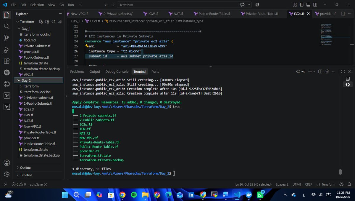 CSEm0m0's tweet photo. 👉Task-Of-Day_2-With-Terraform👈
عملت Create ل VPC ف بنيت Arch فيه الاتي:
(2-AZ, each AZ has public and private subnet, 4-EC2s, IGW,NAT)
ظبطت ال CIDR Block لل VPC
عملت create لكل ال (https://t.co/AJUJ0CrXJ3) 
عملت (init,plan,apply)
اخيرا خرجت ال output علي floci ك simulation لAWS https://t.co/qyYSqF2OeF