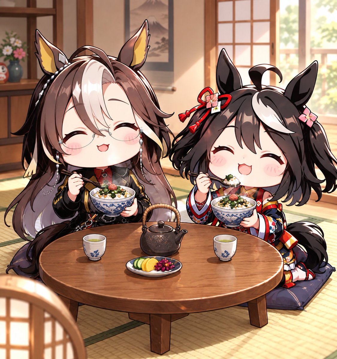 hinohinon0409's tweet photo. お目々ぱっちりキタサン…？
キタちゃん！今日はジャーニーとご飯だね☺️お茶漬けかな？　永◯園の？なるほど…。たまに食べると美味しいもんね(*´ω｀*)
#AIart #キタサンブラック #ドリームジャーニー #お茶漬け https://t.co/RZJkmir4cG