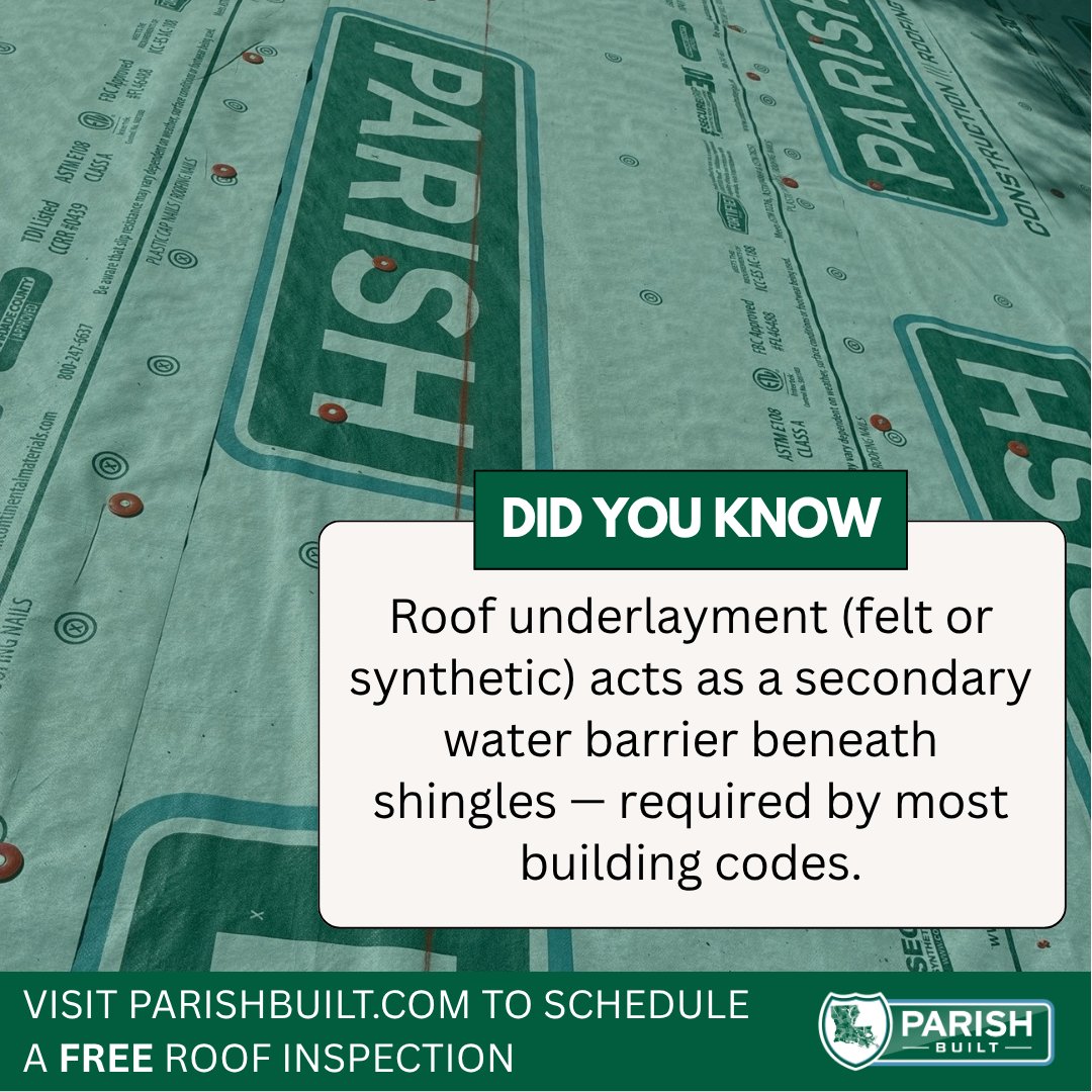 ParishBuilt's tweet photo. Your shingles aren’t your roof’s only defense against water. 💧 Roof underlayment adds a secondary protective barrier that helps keep moisture out and your home protected.

Visit https://t.co/mxpwk8QbRC to schedule your FREE roof inspection today! 🏠💚

#ParishBuilt #RoofingExperts