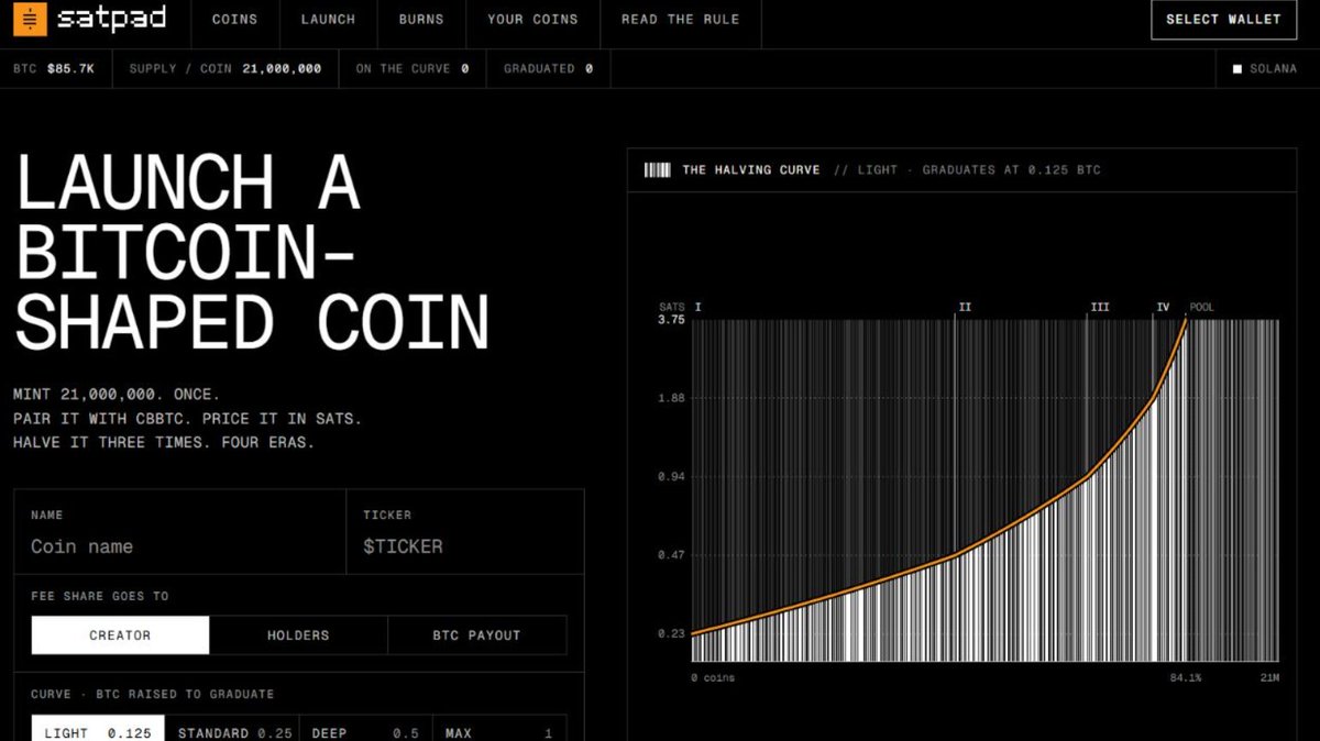 usesatpad's tweet photo. Creator. Holders. BTC payout.

Satpad's launch design combines three fee-share modes with four curve scales: Light, Standard, Deep, Max.

Same 21M supply. Same four eras. Choose the setup for your coin.

https://t.co/MFKFXpb0Dy https://t.co/Caah5eqIPx