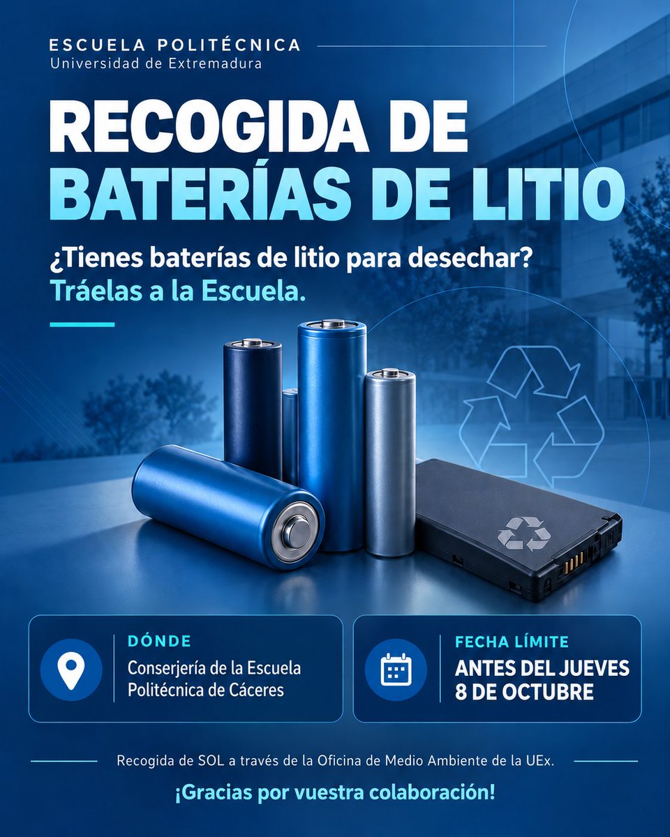 EPCC_Unex's tweet photo. 🔋 ¿Tienes baterías de litio para desechar? ¡Tráelas a la Escuela!

📍 Deposítalas en la Conserjería.
📅 Antes del jueves 8 de octubre.

La recogida se realiza desde SOL a través de la Oficina de Medio Ambiente de la @infouex https://t.co/mlC3gA5aoA