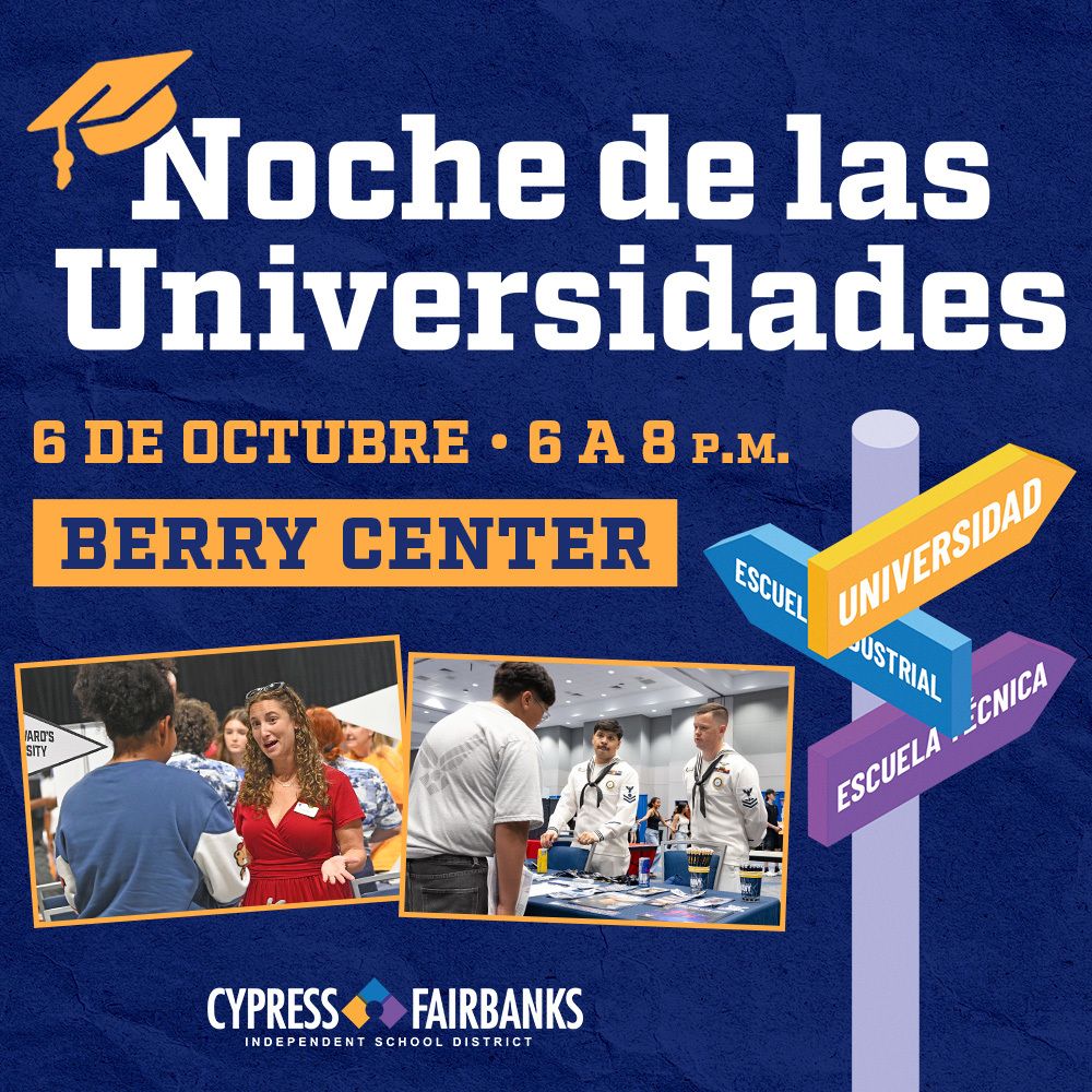 CFISDnoticias's tweet photo. .@CyFairISD Recordatorio: ¡La Noche de las Universidades del CFISD es mañana en el @BerryCenter! Se invita a todos los estudiantes de secundaria y a sus padres a asistir a este evento gratuito de 6 a 8 p.m. para explorar opciones universitarias de todo el país, conectar con representantes universitarios y recibir información útil sobre los siguientes pasos después de la graduación de la secundaria. Más información aquí: https://t.co/CR4b3nm232 #EspírituCFISD #EscojaCFISD #SomosCFISD 🎉🎓