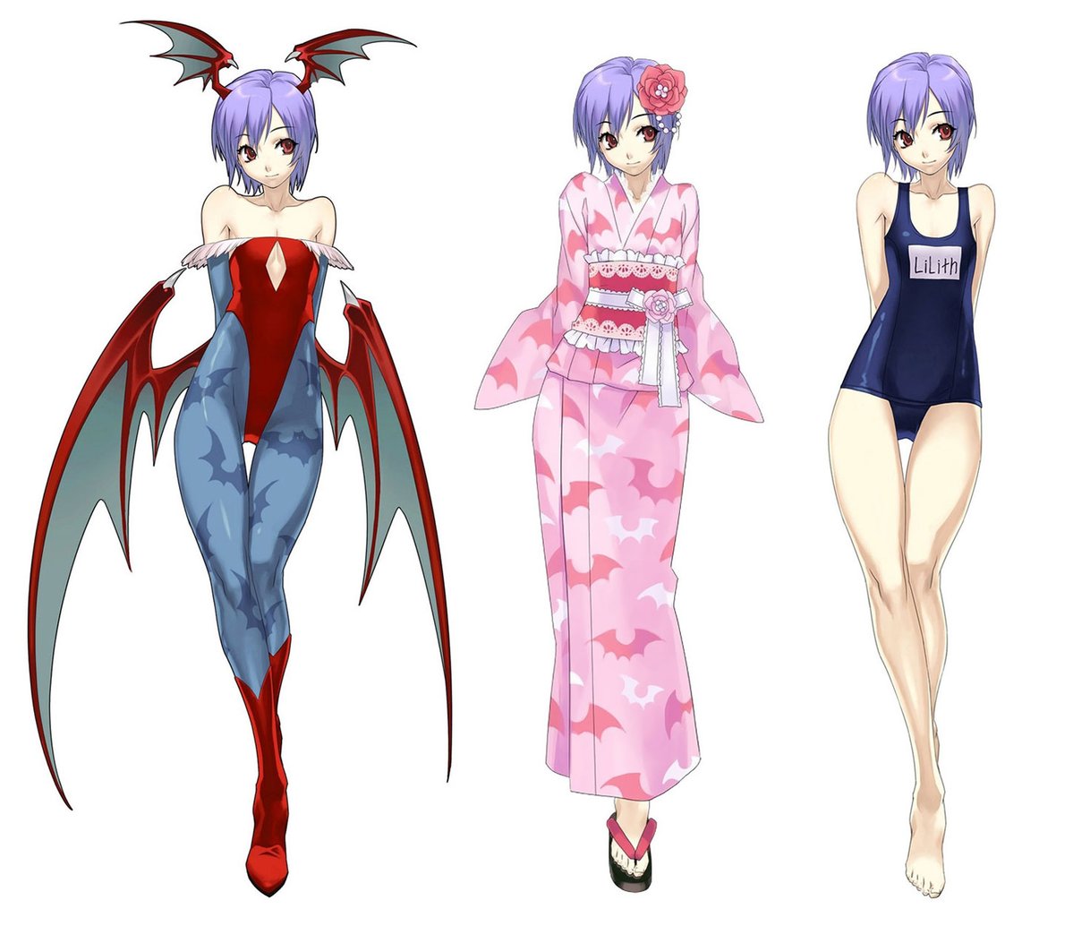 creativeuncut's tweet photo. Morrigan, Felicia, Lilith, and Demitri character artwork and costumes from Cross Edge. 

More art from the game: https://t.co/wGAF1EXMPD https://t.co/ytbfwNmlD3