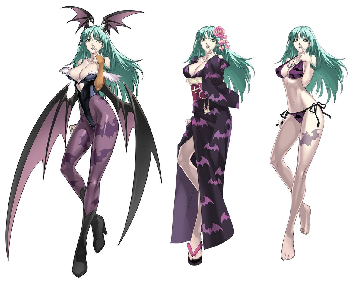 creativeuncut's tweet photo. Morrigan, Felicia, Lilith, and Demitri character artwork and costumes from Cross Edge. 

More art from the game: https://t.co/wGAF1EXMPD https://t.co/ytbfwNmlD3