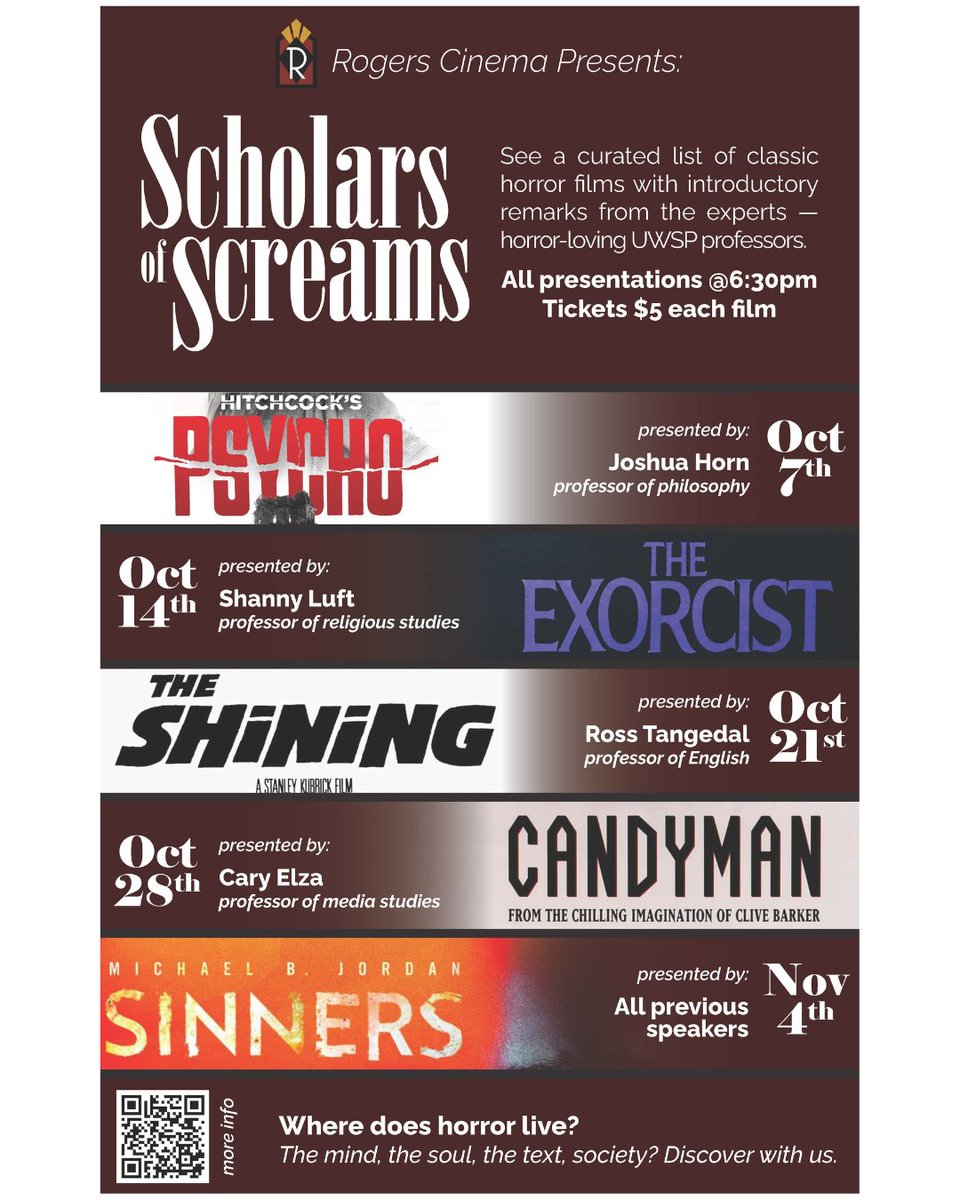 UWSPcols's tweet photo. A special film event with introductions by #UWSP humanities faculty. Scholars of Screams begins this Wednesday at Rogers Cinema! First up is Psycho (1960), presented by Joshua Horn, @uwstevenspoint professor of philosophy. https://t.co/1dh5rwHMG1