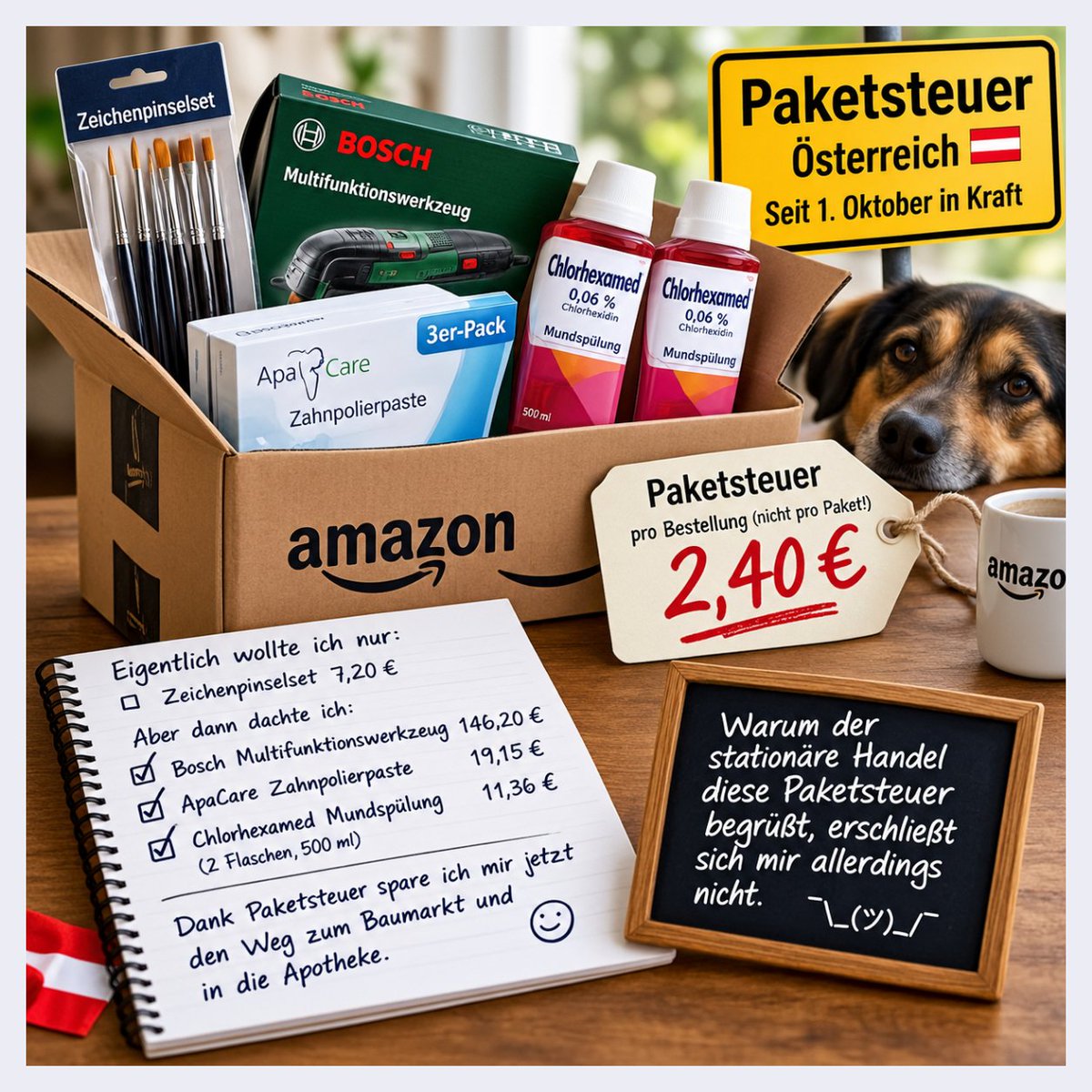 gerhard_zeiler's tweet photo. Lasst mich noch ein Wort zur Paketsteuer sagen, die in Österreich seit 1. Oktober in Kraft ist.

Heute wollte ich bei Amazon ein Zeichenpinselset um 7,20 € bestellen. Bei einem Warenwert von 7,20 € ist eine Paketsteuer von 2,40 € doch ziemlich unverhältnismäßig. Amazon berechnet die Paketsteuer pro Bestellung – nicht pro Paket, also habe ich der Bestellung noch ein Bosch-Multifunktionswerkzeug um 146,20 € hinzugefügt, das ich eigentlich am Mittwoch im viel zitierten stationären Handel kaufen wollte. So fällt die Paketsteuer bezogen auf den Gesamtpreis kaum noch ins Gewicht.

Da ich möglichst steuersparend bestellen möchte, habe ich außerdem noch einen 3er-Pack ApaCare-Zahnpolierpaste um 19,15 € dazugelegt. Die bestelle ich ohnehin regelmäßig, wenn sich die letzte Tube dem Ende zuneigt. Schließlich möchte ich nicht allein wegen der Zahnpolierpaste eine weitere Paketsteuer bezahlen.

Aus Neugier habe ich dann noch nach Chlorhexamed-Mundspülung gesucht. Die kaufe ich normalerweise in der Apotheke – also ebenfalls im stationären Handel. Und siehe da: Bei Amazon gibt es zwei Flaschen Chlorhexamed mit Chlorhexidin 0,06 %, jeweils 500 ml, für 11,36 € – fast zum halben Preis.

Eigentlich wollte ich nur ein Zeichenpinselset um 7,20 € bestellen!
😁

Dank der Paketsteuer spare ich mir jetzt den Weg zum Baumarkt und in die Apotheke.
👍

Warum der stationäre Handel diese Paketsteuer begrüßt, erschließt sich mir allerdings nicht.
🤷