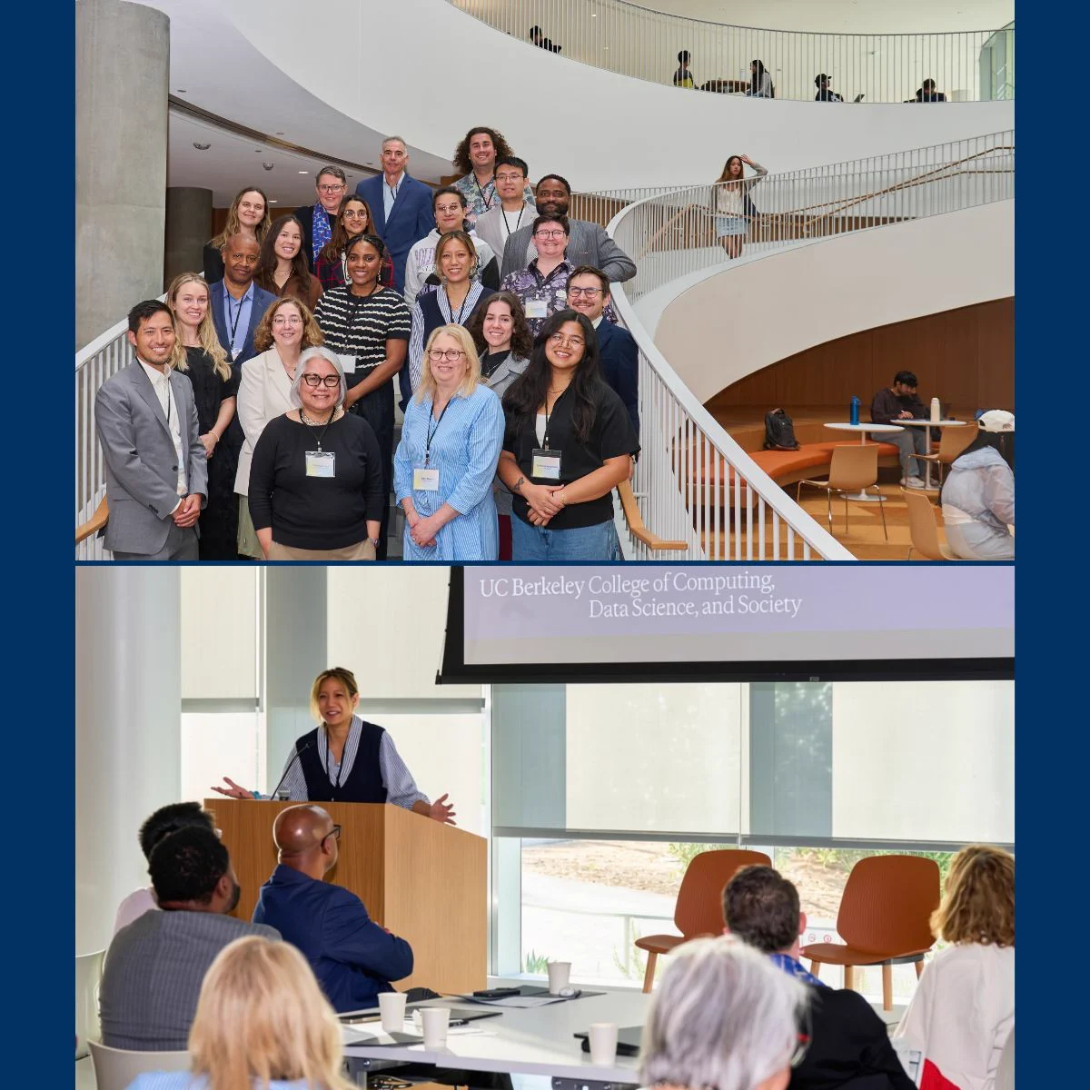 Collage of two photos: Attendees of a Responsible Computing Challenge meeting at UC Berkeley on Sept. 29, 2026, pose on an open staircase at the Barbara and Gerson Bakar Gateway building; Lisa Yan presents to attendees from a podium.