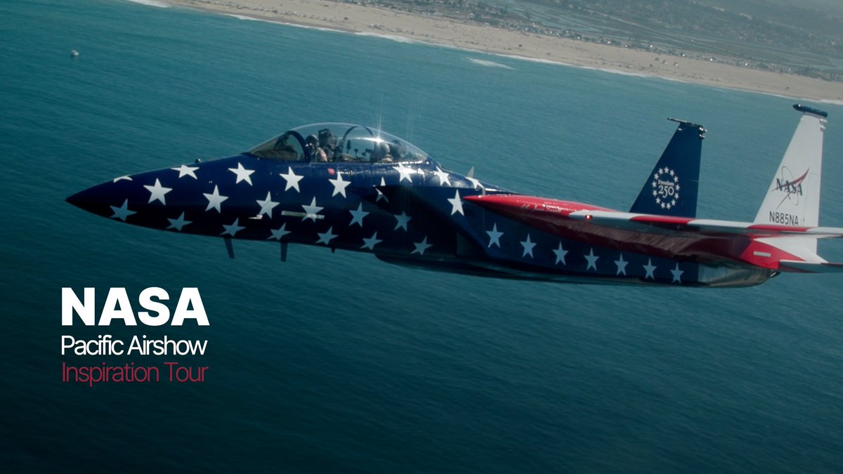 A NASA fighter jet (N885NA) adorned with stars and stripes and a 250th anniversary logo flies over the ocean near a beach, promoting the "NASA Pacific Airshow Inspiration Tour" to inspire the next generation of aviators, engineers, and astronauts as mentioned in the accompanying caption about Huntington Beach.