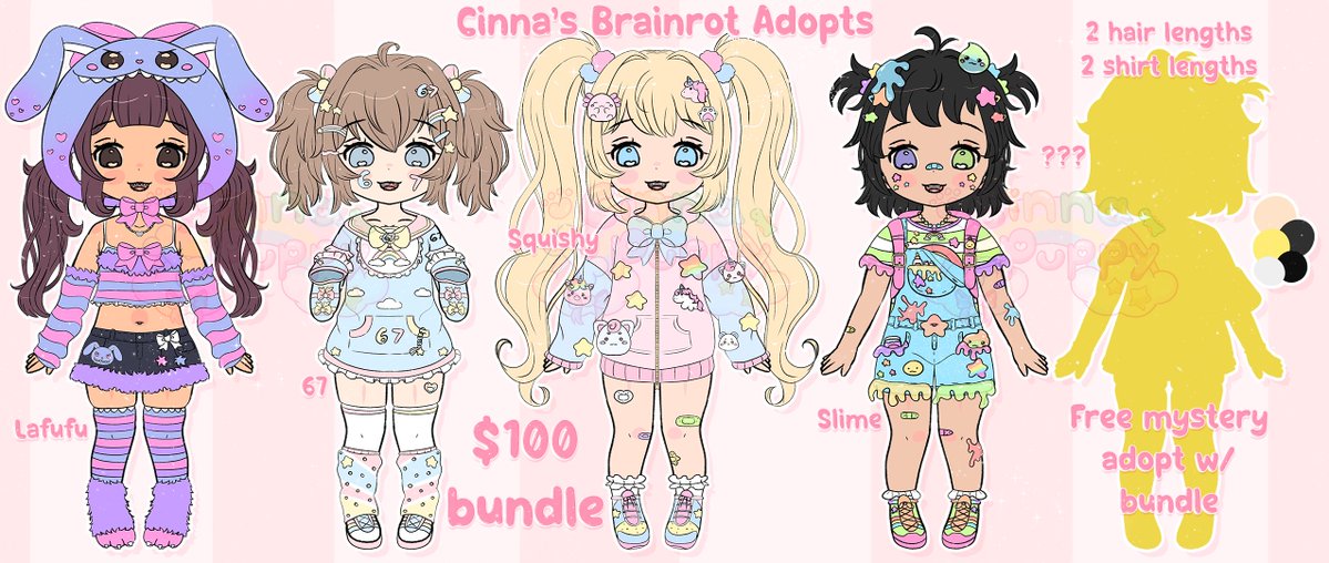 puppycinna's tweet photo. ✧˖°. cinna's brainrot adopt bundle is now available!! 

comes with 5 different designs all with 3 accessories each! i really hope they go to a good home because they're all so adorable! ♡ https://t.co/3rEwJDMcgC