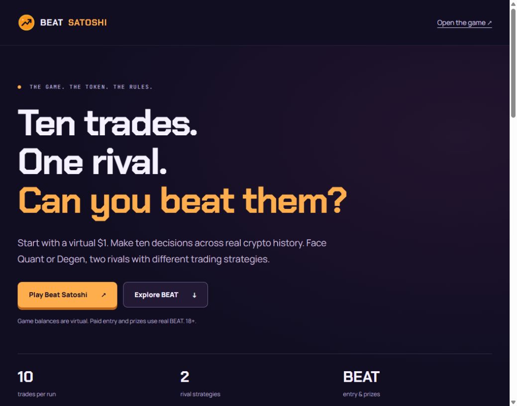 BEATSATOSHgdo3's tweet photo. Ten trades. One rival. How would you play crypto history? Beat Satoshi pits your decisions against Quant or Degen. BEAT powers paid entry and weekly prizes. Virtual game balances; real token entry. 18+. Rules + official mint: https://t.co/YoaIvmnbFd #Solana https://t.co/elsJxRqS6a