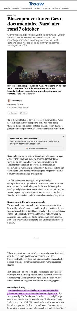 MeriTyping's tweet photo. Trouw noemt de herdenking van de Hamas-aanval een “jubileum”. Ik kan niet geloven dat het er staat, maar het is echt zo 😳.

Een jubileum vier je. Een massaslachting en een terreurdaad, want dat was 7 oktober, herdenk je. Hoe krijg je zo’n weerzinwekkende zin uit je pen? En welke eindredacteur laat dit gewoon staan?