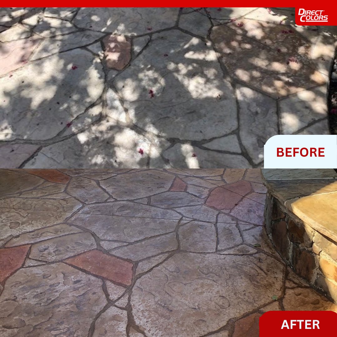 DirectColors's tweet photo. Antiquing Stain in Cafe Royale, Khaki and Terracotta on a faded stamped concrete patio is the kind of restoration that makes replacement feel like it was never actually an option. 🤎🧡✨

Faded stamped concrete is one of the most common outdoor surface problems homeowners face, and it is also one of the most misunderstood. The instinct is to assume the surface is done and needs to be torn out, overlaid or replaced entirely. What Antiquing Stain proves is that the stamp pattern underneath the faded color is almost always still in perfect condition, waiting for the right finish to bring it back.

Has your stamped concrete started to fade? 👇

#ConcreteStain #StampedConcrete #AntiquingStain #PatioRestore #CafeRoyale