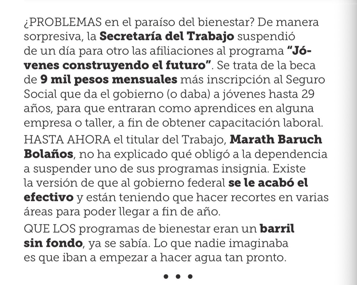 DeniseDresserG's tweet photo. ¿Se acabó el dinero en el “paraíso del bienestar”? El gobierno suspende hasta 2027 nuevas inscripciones a Jóvenes Construyendo el Futuro y dice que fue porque “se cumplió la meta”. Pero debe transparentar cuánto ha gastado, cuánto queda y por qué cerró anticipadamente la puerta a nuevos beneficiarios.

Cuando el barril sin fondo empieza a hacer agua, no basta con llamarlo “focalización”, como ha dicho @Claudiashein