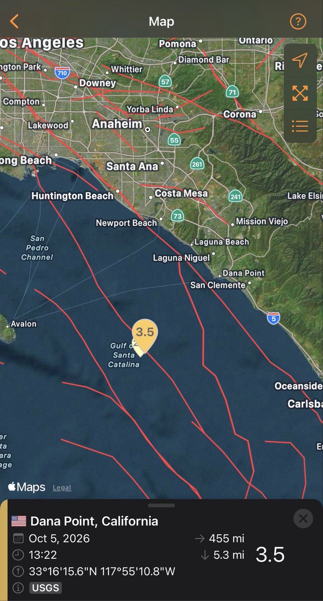 OC_Scanner's tweet photo. BREAKING 🚨🚨

#DanaPoint / #California 

A Magnitude 3.5 earthquake just struck approx 15 miles off the Dana Point Coast. Slight shaking was felt in coastal communities. There is NO Tsunami threat https://t.co/sfE9psyuat