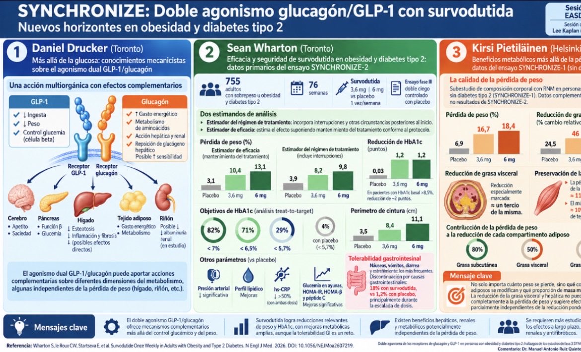 redGDPS's tweet photo. En #EASD2026 se ha hablado del doble agonismo #Glucagon/GIP con un protagonista estelar: #Survodutide y datos de #SYCHRONIZE2.

Espectaculares resultados, a destacar además los beneficios a nivel hepático.👀

Comentario de @maruizquintero en #BlogMateu.

👉🏼https://t.co/DJLks0oWEY https://t.co/m0bOrx2SKK