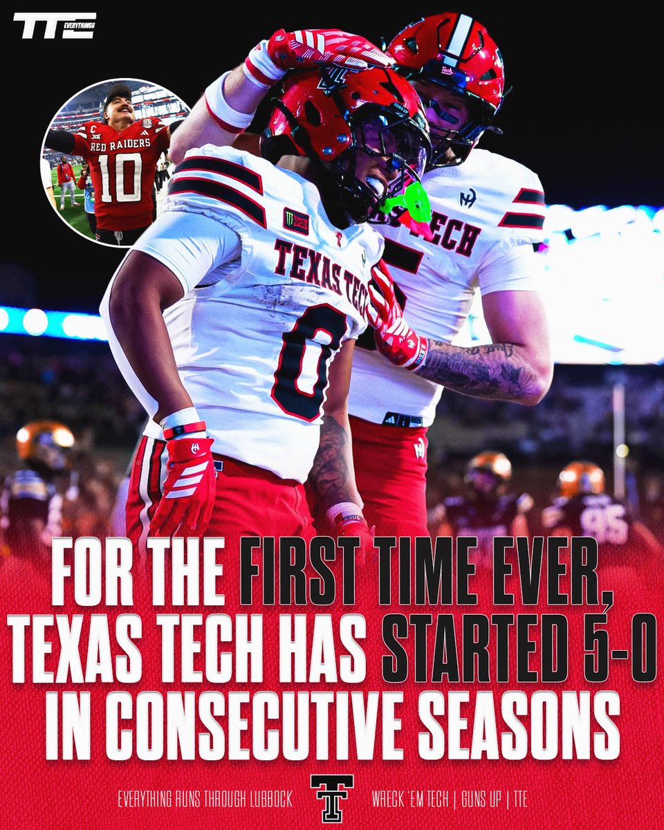 texastechevry's tweet photo. For the FIRST TIME in program history, Texas Tech has started 5-0 in back-to-back seasons 🤯🔥

Texas Tech football is on the rise, and we aren’t going anywhere 😉 https://t.co/faS3yBaqaR