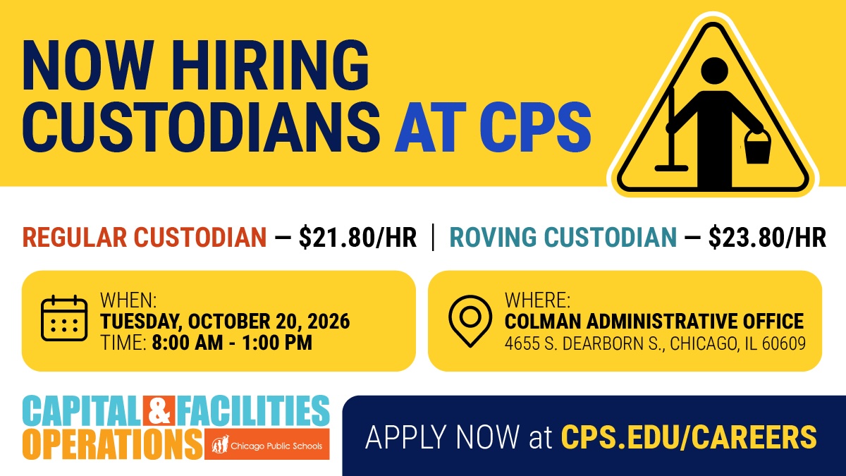 ChiPubSchools's tweet photo. Great opportunity! CPS is hiring Regular and Roving Custodians for full-time positions with benefits. Join us at our upcoming Custodian Job Fair and come ready to interview on-site! Apply before the fair, dress professionally, and arrive early. Interviews are first come, first served. https://t.co/pcbEFlGVbm

Questions? Email HRFACILITIES@CPS.EDU 
__
¡Gran oportunidad! CPS está contratando personal de limpieza (fijos y de suplente) para puestos de tiempo completo con beneficios. ¡Únase a nuestra próxima Feria de Empleos de Limpieza y prepárese para una entrevista allí mismo! Postúlese antes de la feria, vístase de manera profesional y llegue temprano. Las entrevistas son por orden de llegada. https://t.co/pcbEFlGVbm

¿Tiene preguntas? Envíe un correo electrónico a HRFACILITIES@CPS.EDU